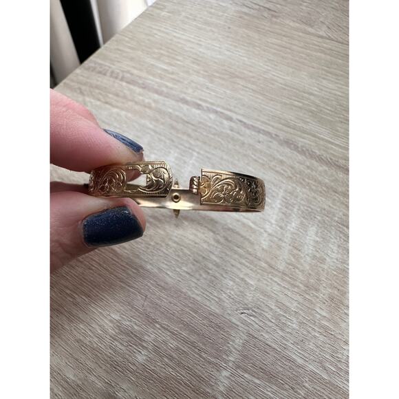 Antique Gold Tone Engraved Infant Baby Bangle Bracelet - 2" Multi Stone Pearl - Picture 6 of 8